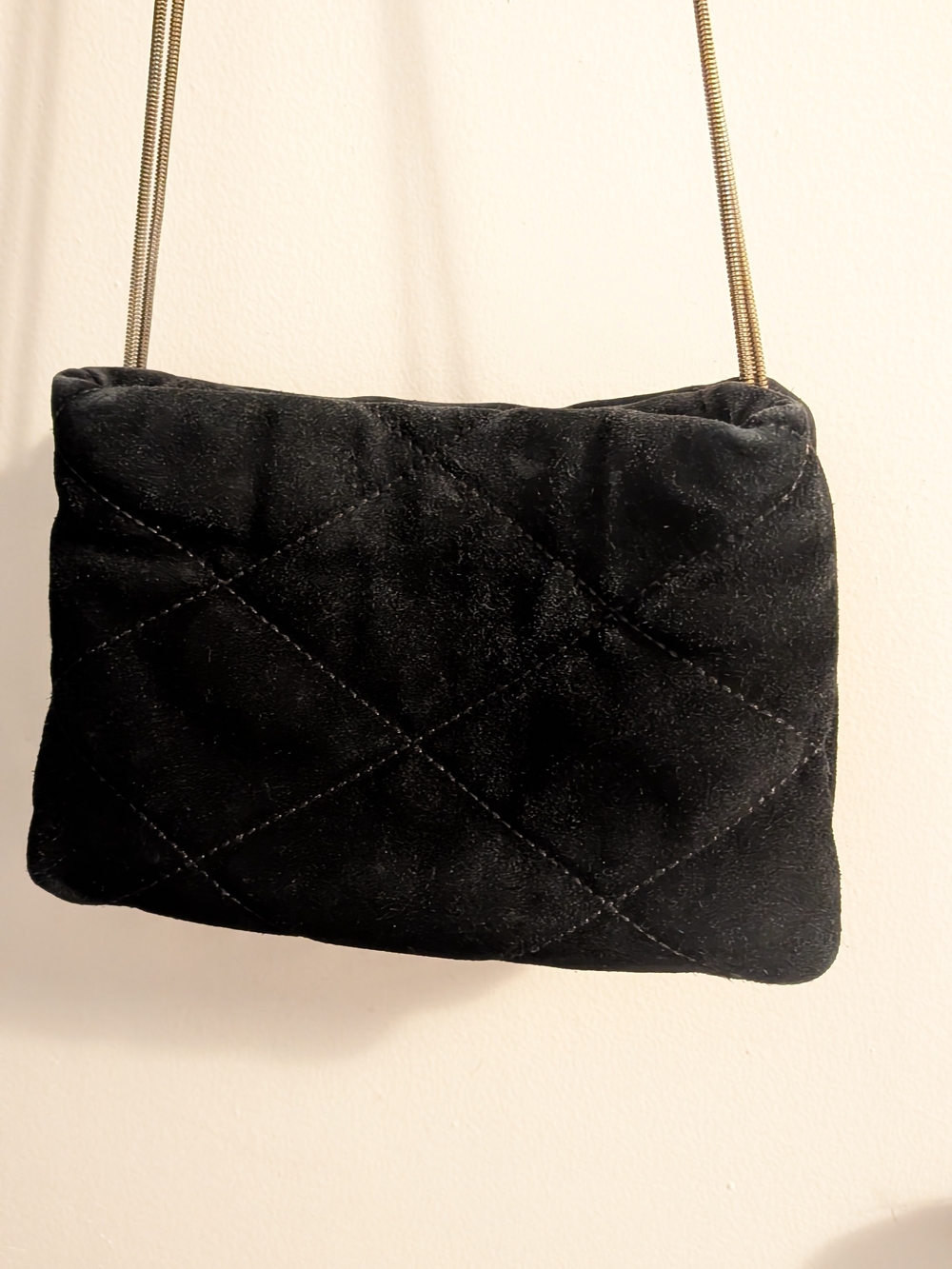 Black Quilted Suede Leather Crossbody Bag with Gold Chain